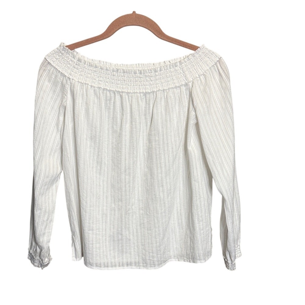 Rag & Bone JEAN White Off The Shoulder Smocked Dobby Stripe‎ Blouse Small
